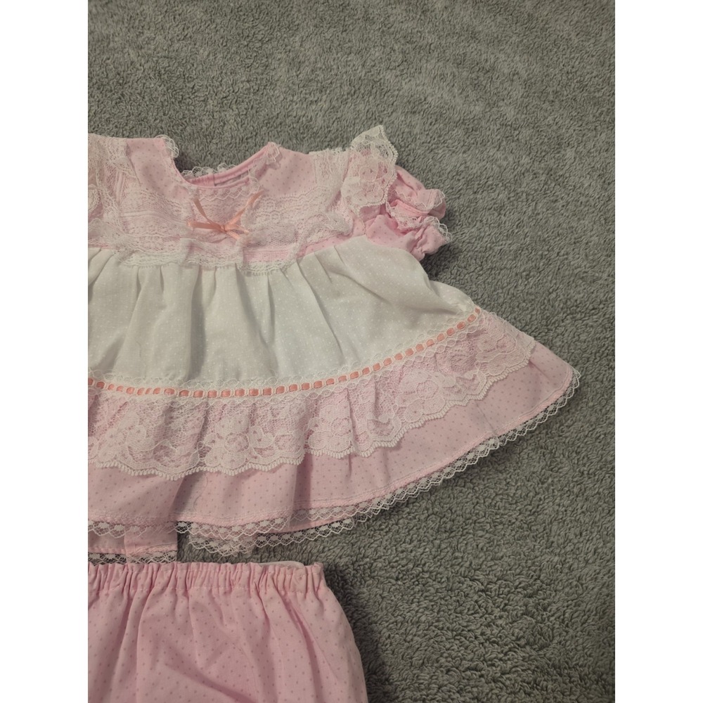 Vintage Baby Girl 3-6 mos Dress Puff Sleeve Waterproof Bottoms Pink Lace - Picture 3 of 6